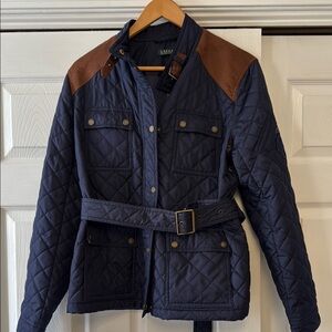 Quilted Navy Jacket with Brown Accents
